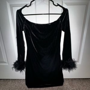 Winsor velvet off the shoulder dress with feather sleeves